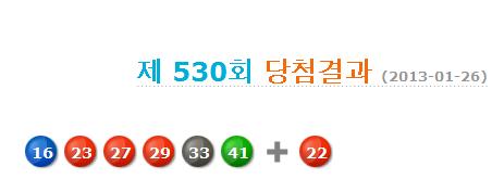 로또 530회 당첨번호 : 16, 23, 27, 29, 33, 41 보너스 22