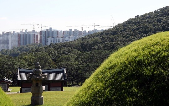 경기 김포시 풍무동 장릉 전방에 인천 서구 검단신도시 신축 아파트 건설 현장이 보인다. 사진=연합뉴스