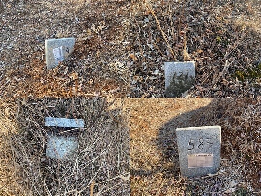 일제강점기 화전동 무연고 합장 묘역에 이름 없이 번호만 새겨진 묘지 비석들이 훼손된 모습이다. 사진=정소영 기자