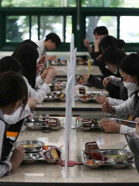 칸막이가 설치된 급식실에서 식사 중인 학생들. 기사 내용과 무관하다. 사진=연합뉴스