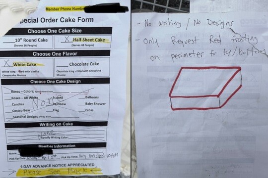 주문자는 케이크 위에 새길 글씨나 장식은 아무 것도 선택하지 않았다. 대신 종이 뒷면에 따로 원하는 요구사항을 손글씨로 적어 두었다. 사진=인터넷 커뮤니티