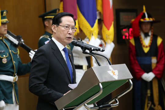 송영무 전 국방부 장관이 이임 당시인 2018년 9월 21일, 서울 용산구 국방부에서 열린 장관 이·취임식에서 이임사를 하고 있다. 사진=박정훈 기자
