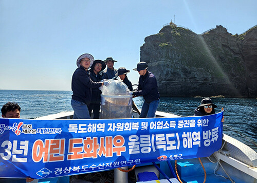 23일 경북도 수산자원연구원이 도화새우 20만마리를 울릉·독도해역에 방류하고 있다. 사진=경북도 제공