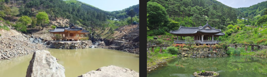 청도군 덕산리 일대 불법 산림훼손 현장.(좌)2016년 적발 당시 (우)현재의 모습. 사진= 나영조 기자