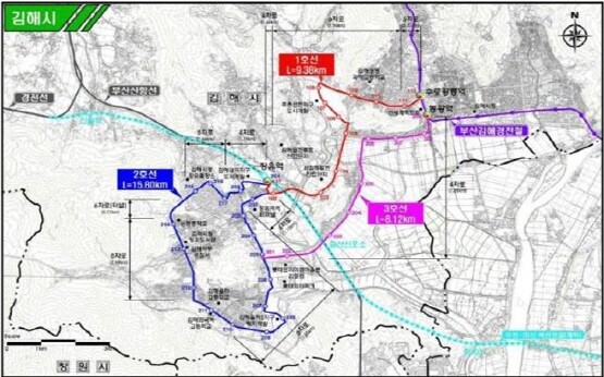 김해시 도시철도 사전타당성조사 용역 추진 노선도. 사진=김해시 제공