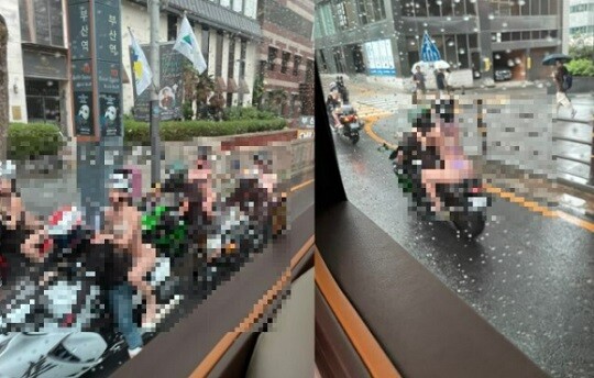 비키니 수영복만 입은 채 오토바이를 타고 부산 시내를 돌아다닌 일당. 사진=온라인 커뮤니티