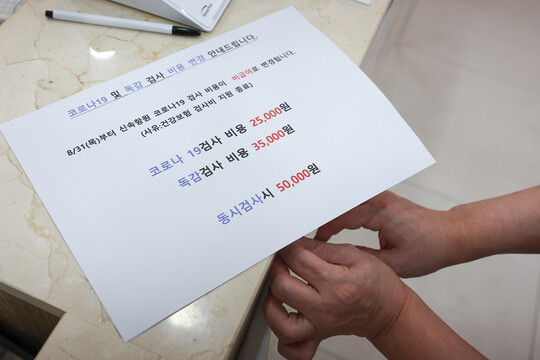 지난 8월 30일 오전 서울 시내 한 병원에서 직원이 코로나19 검사 비용 변경 안내문을 붙이는 모습. 8월 31일부터 코로나19 감염병 등급이 2급에서 4급으로 하향 조정되며 신속항원검사가 유료로 전환된다. 지금까지 유증상자는 동네병원에서 검사비용 없이 진찰료 5000~6000원으로 신속항원검사를 받을 수 있었지만 오늘부터 2~5만원의 비용을 자가부담해야한다. 사진=연합뉴스