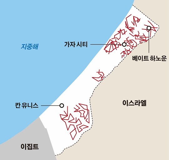 ‘가자 지하철’로 불리는 하마스 지하터널의 2021년 모습. 공습으로 인해 파괴됐을 것으로 추정되는 지하터널이 그려져 있다. 사진=이스라엘 방위군