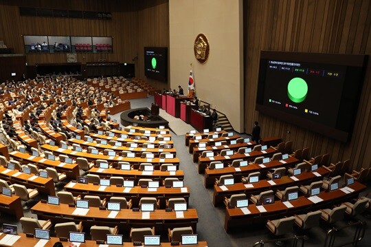 방송3법이 지난 9일 국회 본회의에서 국민의힘 의원들이 퇴장한 가운데 재석 의원 176명 전원 찬성으로 통과된 모습. 사진=박은숙 기자