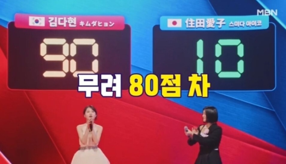 ‘한일가왕전’에서 김다현이 90점을 받으며 80점차 승리를 거뒀다. 사진=MBN
