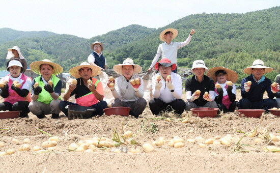 감자수확일손돕기 기념촬영 모습. 사진=경남도 제공