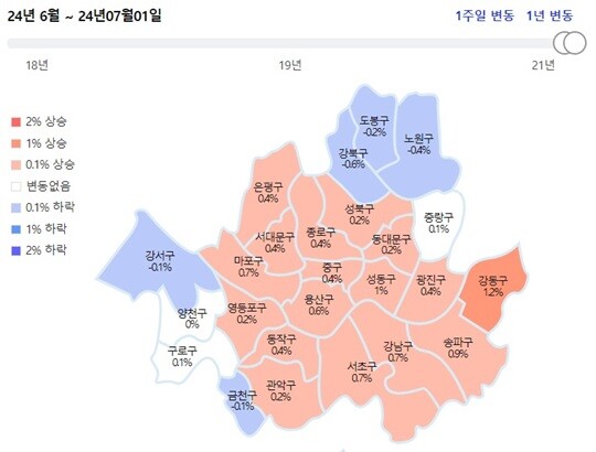 최근 한 달 사이 서울 지역 아파트 가격 변동 추이. 사진=아파트실거래가 캡처