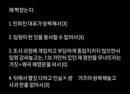 어도어 사내 괴롭힘·성희롱 사건의 피해자인 전 직원 B 씨는 민 대표가 사건 조사 당시 중립을 지키지 않고 가해자를 부당하게 감쌌으며, 사건에 대해 거짓 해명문을 내 자신의 평판을 무너뜨렸다고 주장했다. 사진=B 씨 인스타그램 캡처