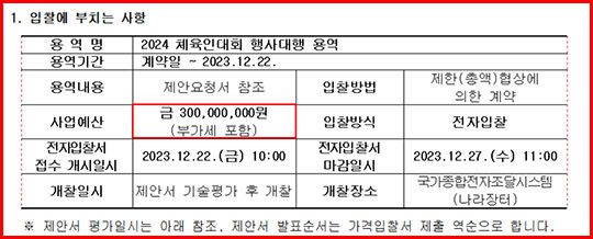 입찰공고에 명시된 2024 체육인대회 사업비. 사진=나라장터 캡처