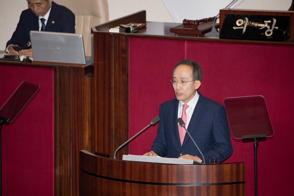 5일 오전 국회에서 열린 본회의에서 국민의힘 추경호 원내대표가 교섭단체 대표연설을 하고 있다.  사진=이종현 기