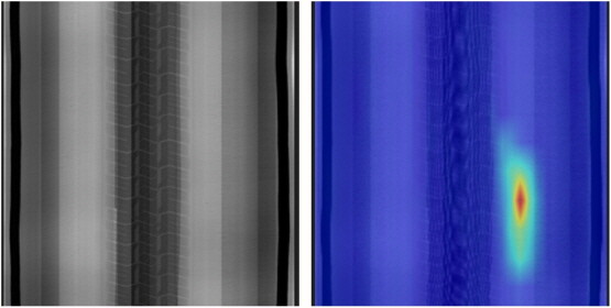 X-Ray 검사 장비로 결함을 확인한 타이어(좌)와 육안으로 확인이 거의 불가능한 결함까지 찾아내는 AI의 검사 결과 이미지. 사진=넥센타이어 제공