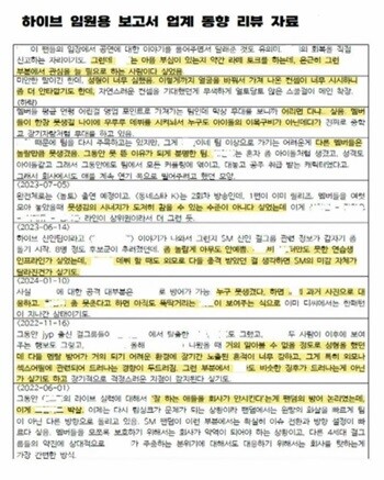 하이브의 '업계 동향 보고서'는 하이브 및 산하 레이블 C레벨 경영진에 매주 제공된 것으로 알려졌다. 사진=민형배 의원실 제공