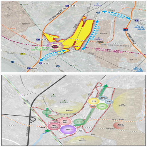 대곡역세권 교통개선 방향안(위), 개발구상안(아래). 사진=고양시 제공
