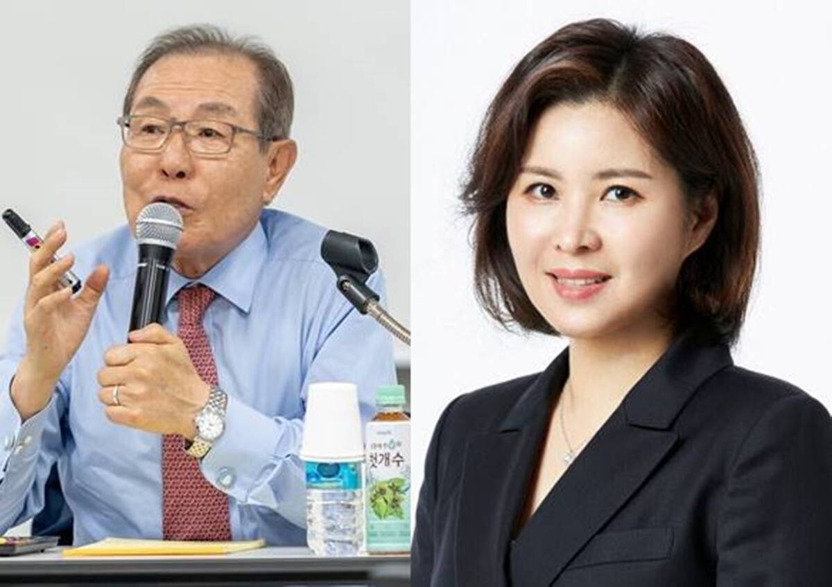 왼쪽부터 윤동한 한국콜마홀딩스 회장과 그의 딸 윤여원 콜마비앤에이치 사장. 사진=한국콜마그룹 제공