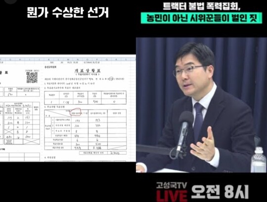 '부정선거론'은 극우 유튜버들의 단골 소재지만 아직까지 사법 당국의 인정을 받은 사례는 없다. 오른쪽은 23일 유튜브 채널 '이봉규TV'에서 '남태령 트랙터 시위'에 참여한 이들이 불법 시위꾼이었다고 주장하는 모습. 사진=유튜브 '이봉규TV'·'고성국TV' 갈무리