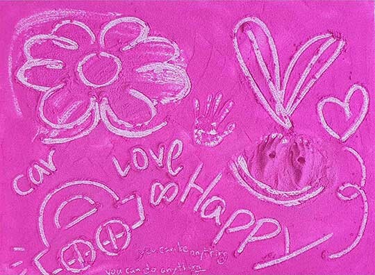 #02 Island(love&amp;happy, Mom's Photo Album Azalea Flower hot pink): 116.8x91cm Mixed media on canvas 2022