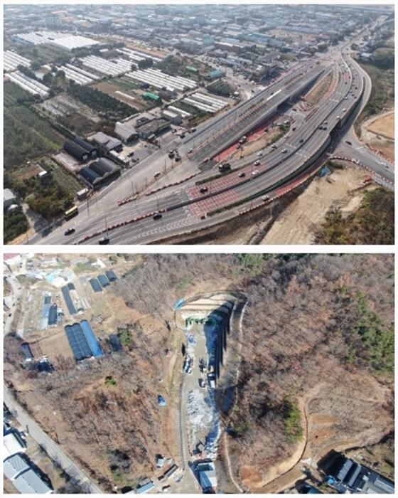 개선사업을 완료한 장항 굴다리 교차로(위),  1-4. 통일로 우회도로 공사 현장(아래). 사진=고양특례시 제공