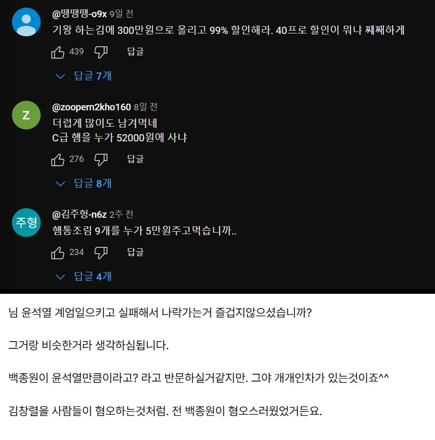 위는 백종원 유튜브 채널에 달린 추천이 많은 댓글. 아래는 커뮤니티에 달린 댓글 중 일부. 사진=유튜브·온라인 커뮤니티 캡처