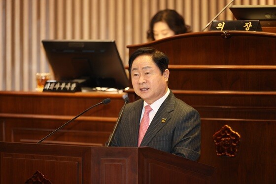 주광덕 남양주시장이 남양주시의회 본회의장에서 시정연설을 하고 있다. 사진=남양주시 제공