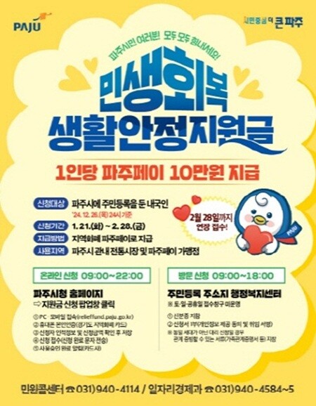 파주시는 민생회복 생활안정지원금의 신청을 2월 28일까지 연장하기로 했다. 사진=파주시 제공