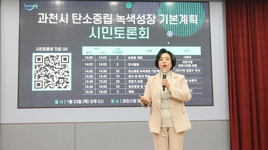 과천시 탄소중립 녹색성장 기본계획 수립을 위한 시민토론회에서 신계용 과천시장이 인사말을 하고 있다. 사진=과천시 제공