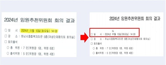 2024년 임원추천회 회의 결과의 일시가 가공돼 있다. 사진=강성삼 하남시의원 제공