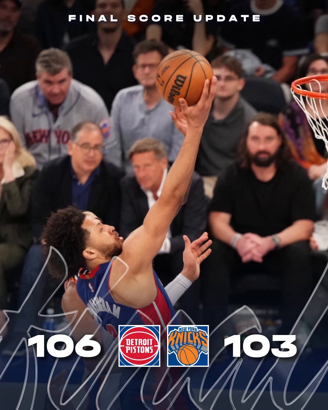 디트로이트 피스톤즈가 뉴욕 닉스를 상대로 플레이오프 1라운드 5차전을 승리했다. 시리즈 전적을 2-3으로 만들었다. 사진=디트로이트 피스톤즈 페이스북