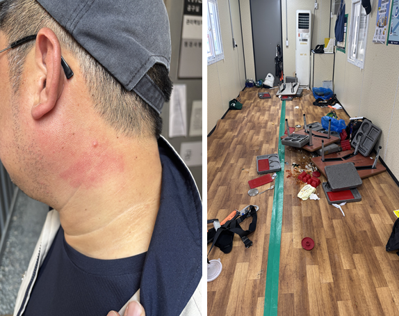한노총 소속 근로자가 지난 14일 민노총의 테러로 엉망이 된 휴게실과 목의 상처를 보여주고 있는 모습. 사진=독자 제공