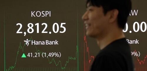 6월 5일 서울 중구 하나은행 딜링룸 현황판에 코스피 지수 등이 표시되고 있다. 이날 코스피 지수는 전 거래일 대비 41.21포인트(1.49%) 오른 2812.05에, 코스닥은 6.02포인트(0.80%) 오른 756.23에 장을 마감했다. 사진=연합뉴스