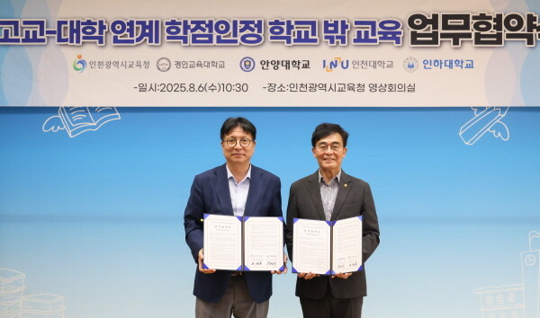 조명우 인하대 총장(오른쪽)과 도성훈 인천시교육감(왼쪽)이 ‘고교·대학 연계 학점인정 학교 밖 교육 협력’을 위한 업무협약을 체결한 후 기념촬영을 하고 있다. 사진=인하대 제공