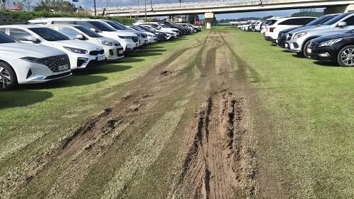 임시 주차장 사용으로 훼손된 천연잔디 축구장. 사진= 유인선 기자