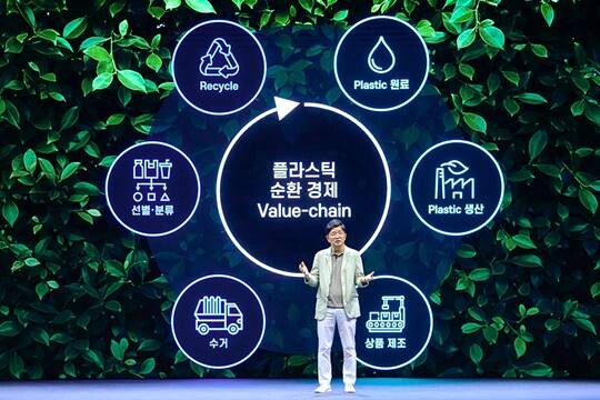 SK지오센트릭 나경수 전 사장이 재임 시절인 2021년 8월 ‘브랜드 뉴 데이(Brand New Day)’에 참가해 재활용 플라스틱 사업 분야의 투자 계획을 밝히고 있다. 사진=SK이노베이션