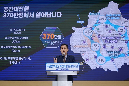이재준 수원특례시장이 17일 시청 중회의실에서 '수원형 역세권 복합개발 활성화 사업 브리핑'을 하고 있다. 사진=수원특례시 제공