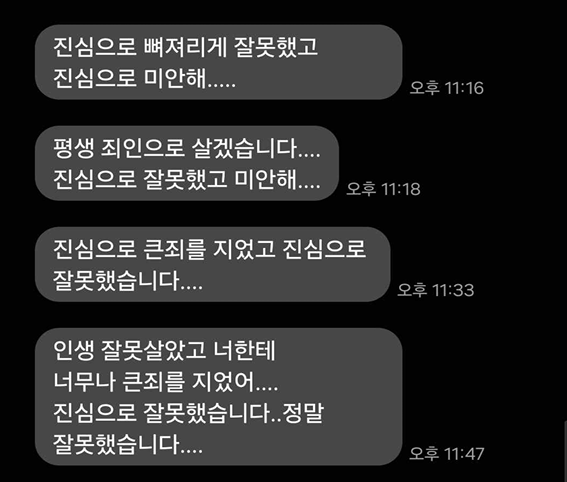 A 씨가 법적 대응을 예고하자 B 씨가 사과하는 문자 메시지. 피의자 B 씨가 A 씨에게 보낸 문자 발췌. 사진=A 씨 제공
