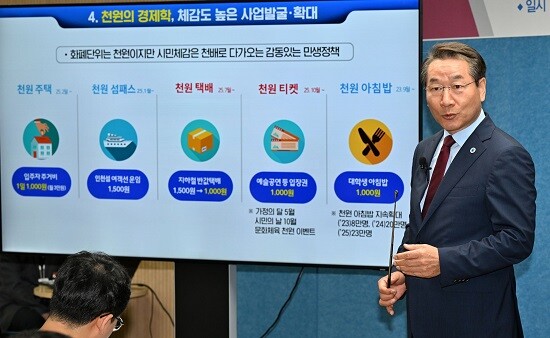 유정복 인천시장이 6월 24일 시청 브리핑룸에서 '인천형 천원정책'을 발표하고 있다. 사진=인천시 제공
