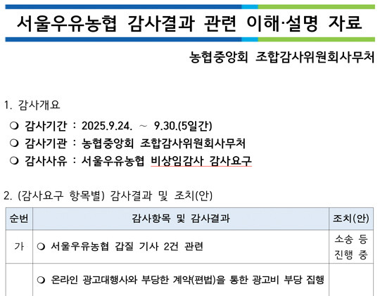 농협중앙회 조합감사위원회사무처의 서울우유조합에 대한 감사결과 자료. 출처=제보자