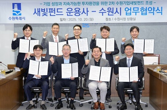 수원시와 새빛펀드 운용사가 10월 20일 2차 수원기업새빛펀드 조성을 위한 업무협약식을 갖고 있다. 사진=수원시 제공