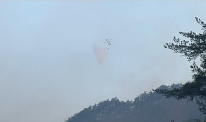 11월 23일 오전 진화 헬기가 강원 양양군 산불 현장에 투입돼 물을 뿌리며 불을 끄고 있다. 사진=강원특별자치도소방본부 제공