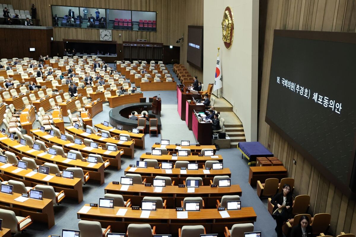 27일 국회 본회의에서 추경호 의원에 대한 체포동의안이 가결되고 있다.  사진=연합뉴스
