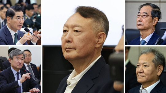 윤석열 전 대통령(가운데), 김용현 전 국방부 장관(왼쪽 위), 조태용 전 국정원장(왼쪽 아래), 한덕수 전 국무총리(오른쪽 위), 이상민 전 행안부 장관(오른쪽 아래). 사진=일요신문DB