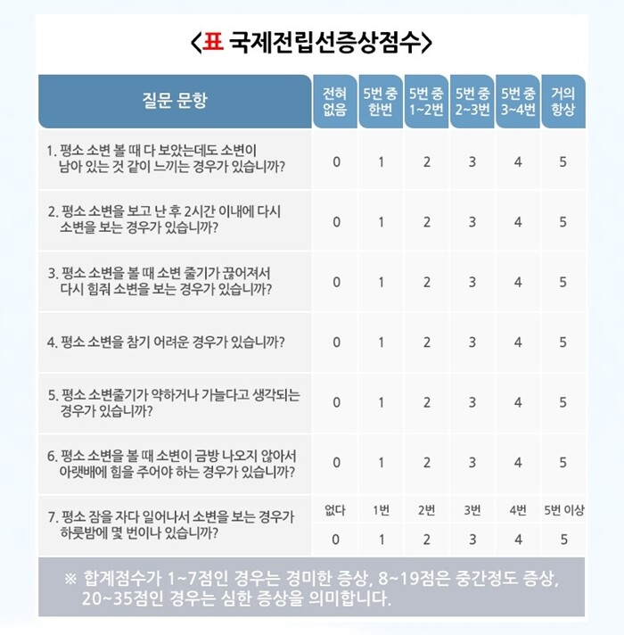 국제전립선증상점수를 통해 증상의 정도를 확인할 수 있는데 7점 이하는 경미한 증상, 8~19점은 중간 정도 증상, 20~35점은 심한 증상이다. 표=질병관리청 국가건강정보포털