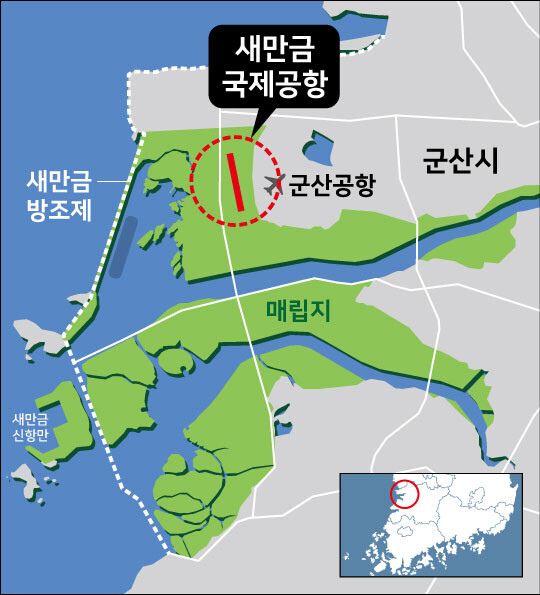 군산공항 바로 옆 건설 추진 중인 새만금신공항 위치. 그래픽=김형미 디자이너