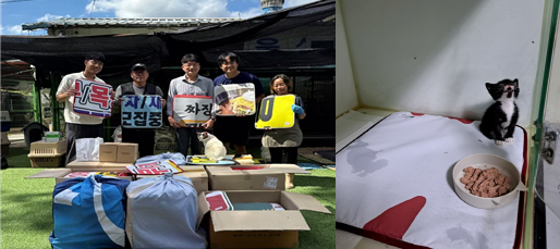 울산유기동물센터에서 진행된 기증식 모습(왼쪽)과 부산동물보호센터유기묘 활용 장면. 사진=건보공단 부울경본부 제공