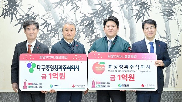 5일 대구시청 동인청사서 대구중앙청과㈜와 효성청과㈜가 성금 2억을 전달하고 있다. 사진=대구시 제공