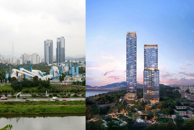 서울 성동구에 위치했던 옛 삼표레미콘 성수 공장 부지와 성수 프로젝트 조감도 사진=박정훈 기자, 삼표그룹 제공